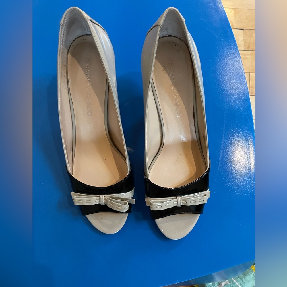 Franco Sarto Black and Cream Bow Heels